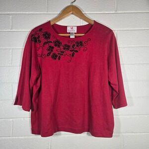 Vtg Quacker Factory Beaded Floral Sweater 1X 3/4 Sleeve Cotton Blend Embellished